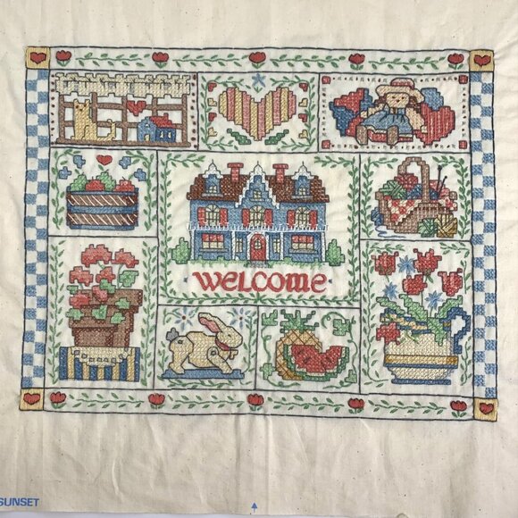 VTG Welcome Cross-Stitch Embroidered Wall Hanging Art Country Complete House - Picture 1 of 4